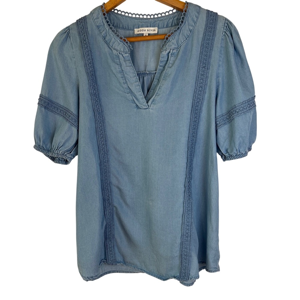 Moon River Blue Chambray Crochet Lace Trim Puff Sleeve Blouse Top Small Cottage‎